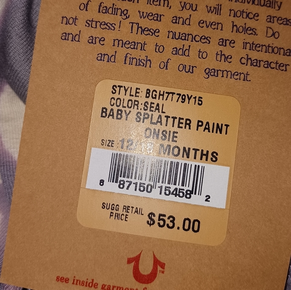 Made in US 100% Cotton 6-12, 12-18 True Religion Paint Splatter Unisex Onesie - Picture 6 of 8